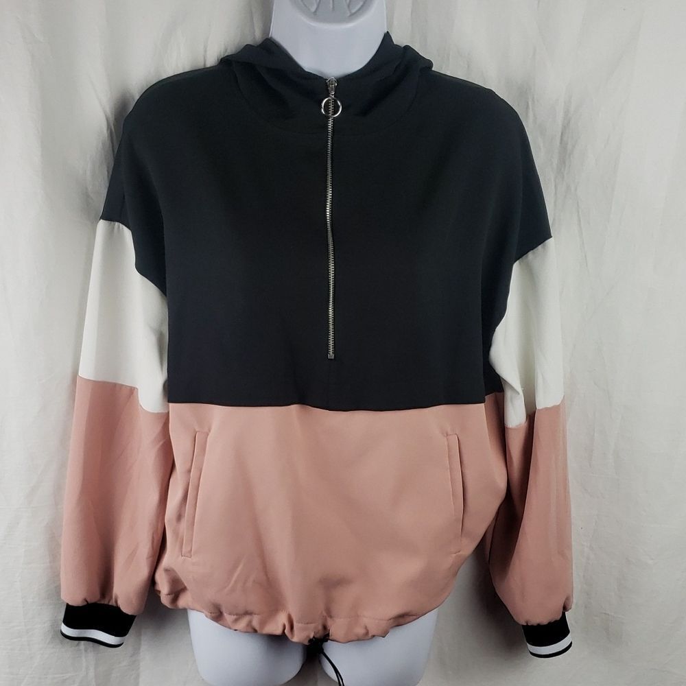 Zara Women's Small Pink Black White Colorblock Track Hooded Jacket